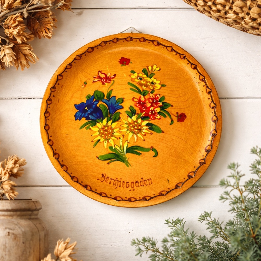 Vintage German Hand Painted Wood Plate Floral Carved Wall Decor Berchtesgaden